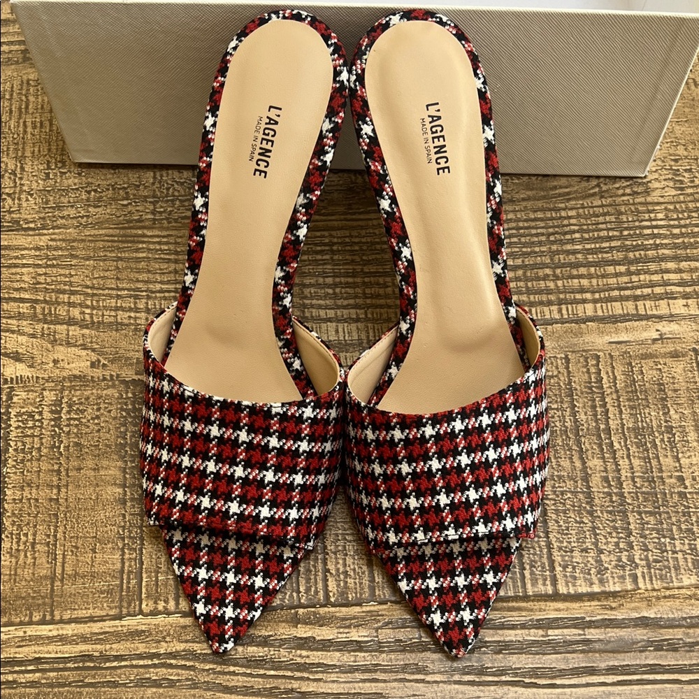 L'AGENCE Lolita Red Black White Houndstooth Pointed Slip-On Heel